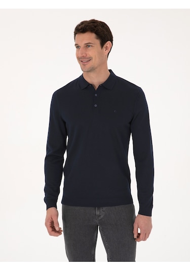 Cacharel Lacivert Slim Fit Yün Karışımlı Polo Yaka Basic Triko Kazak