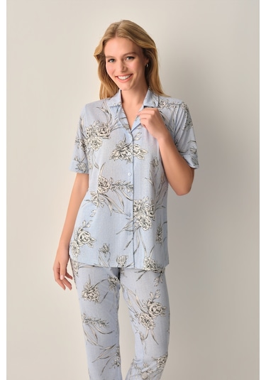 Suwen Mina Gömlek Yaka Pijama Takımı Sh26639660b348 Mavi