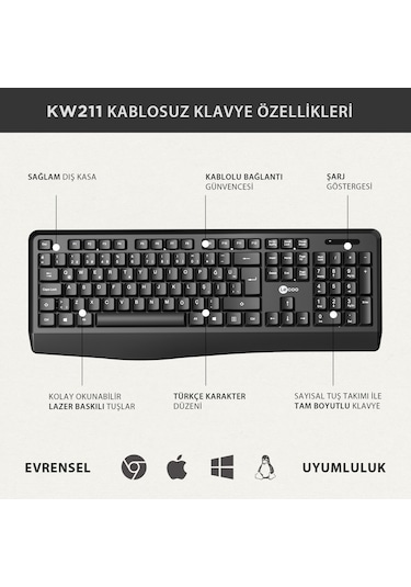 Lecoo KW211 Kablosuz Türkçe Q Klavye & Mouse Set