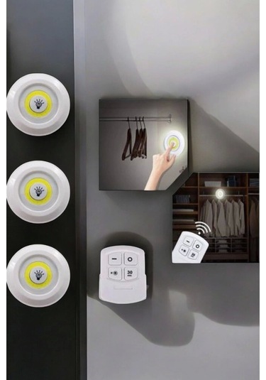 Spot Lamba Led Işık 3'lü Uzaktan Kumandalı Pilli Yapışkanlı Kablosuz Çok Renkli