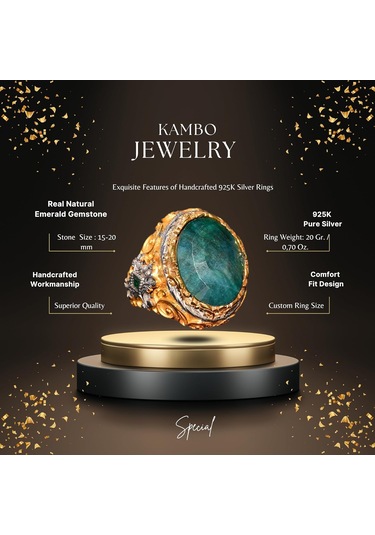 Gerçek Zümrüt Taşlı Yüzük, Zümrüt Yüzük, Katı Sterlin Gümüş Yüzük, Erkek Yüzüğü, Yeşil Gümüş