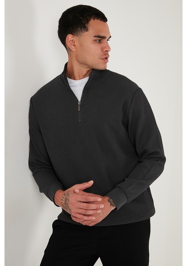 Buratti Pamuklu Regular Fit Yarım Fermuarlı Dik Yaka Erkek Sweat 5905716 Antrasit