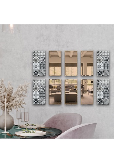 Dekor Camı | Karakalem Çizim Cam ve Bronz Ayna | 10'lu Takım