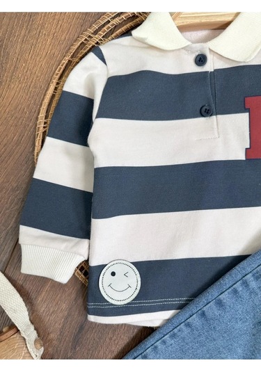 Şerit Çizgili Detaylı Likralı Polo Yaka Erkek Bebek Takım Lacivert