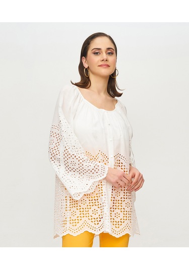Kadın Pamuk Gömlek Ajurlu Detaylı, Rahat Kalıp Yazlık Tasarım Ekru