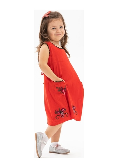 Burçak Şile Bezi Kız Çocuk Elbise Kırmızı Krmz