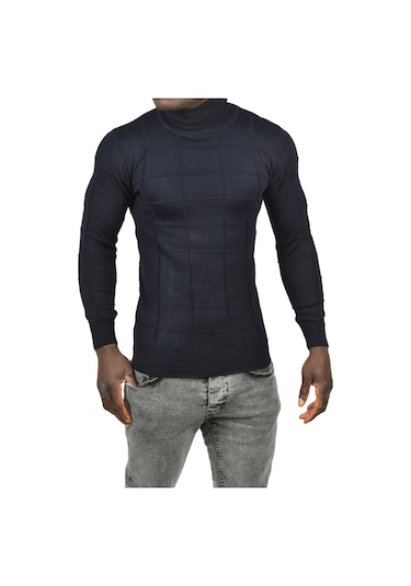 Deepsea Erkek Lacivert Kare Desenli Balıkçı Yaka Slim Fit Boğazlı Triko Kazak 2505493 Lacivert