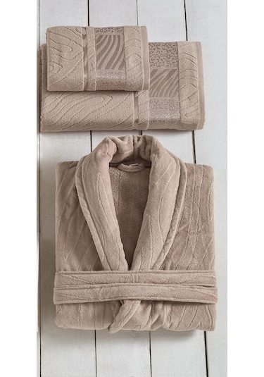 Durul Jakarlı Kadife Bornoz Seti - 3 Parça