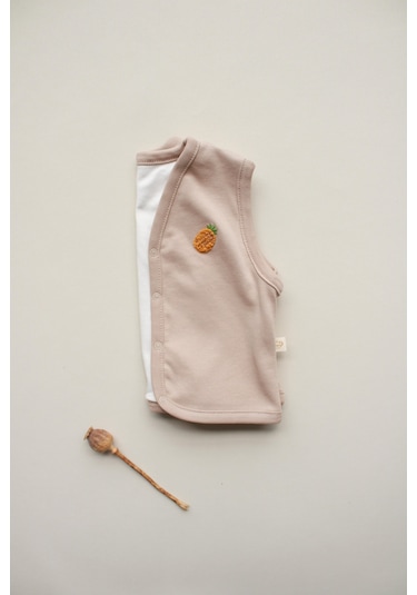 Ananas Nakışlı Çift Taraflı Yelek Vizon