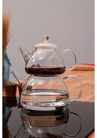 Borosilikat Cam Çaydanlık Seti - Demlik Isıya Dayanıklı, Süzgeçli Model Şeffaf