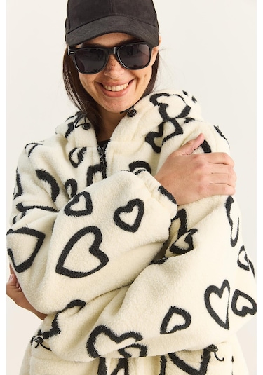 Shade Kadın Kapüşonlu Kalpli Oversize Peluş Mont 4047 60283843 - Ekru