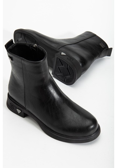 Kadın Bot Siyah Suni Deri Kauçuk Taban Yüzüdüz-4217 Siyah