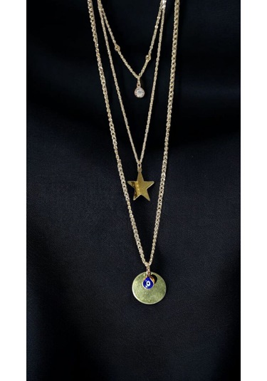Altın Renk Üç Katmanlı Şans Kolyesi Yıldız, Nazar Ve Işık Taşı Gold