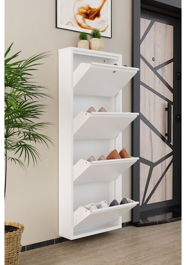 Kilitli 4 Kapaklı Metal Ayakkabılık Beyaz Beyaz