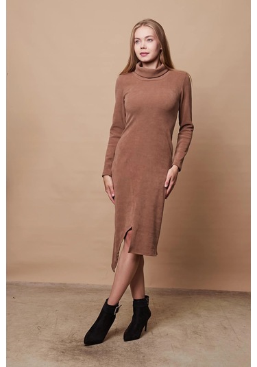 Kadın Likralı Triko Kumaş Tam Balıkçı Asimetrik Uzun Kol Diz Boy Elbise-camel Camel