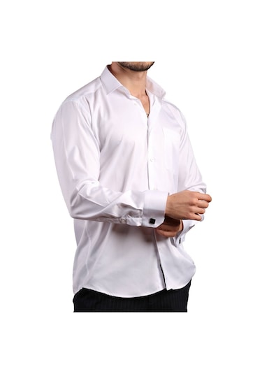 Beyaz Büyük Beden Rahat Kesim Micro Kumaş Kol Düğmeli Regular Fit Erkek Gömlek - 190-1 001