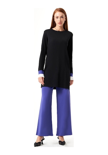 Mizalle Kol Piliseli Rayon Triko Siyah-mürdüm Tunik Siyah