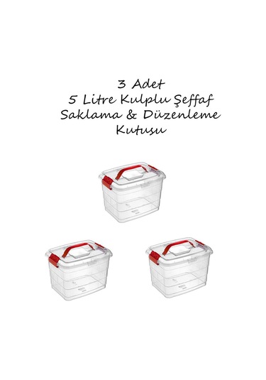 3 Adet Şeffaf Plastik Kulplu Saklama Ve Düzenleme Kutusu 5 Litre