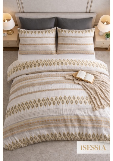 Mira Çift Kişilik Lastikli Çarşaflı Nevresim Takımı Bej - Motif