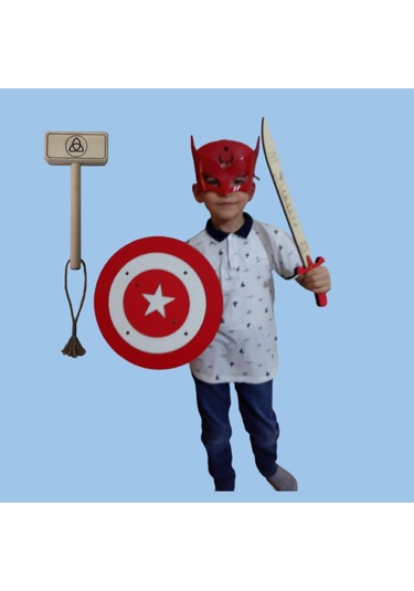 Kaptan Türkiye Maskesi Kalkanı Kılıcı ve Ahşap Thor  Çekiç