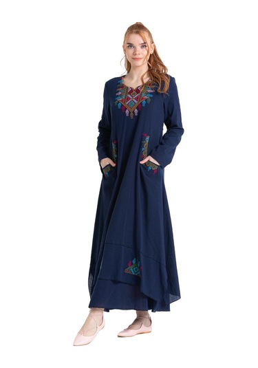 Uzun Kol Şile Bezi Nakışlı Antik Uzun Elbise Lacivert Lcvt-lacivert