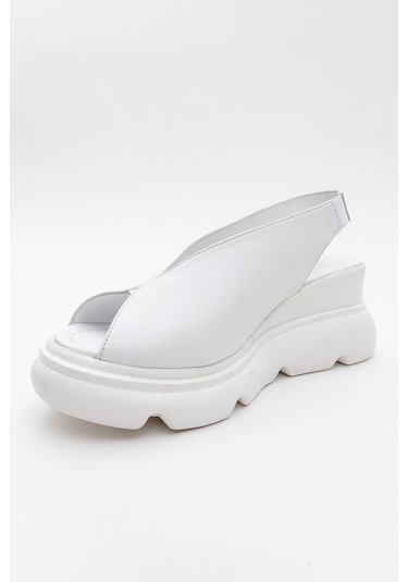 Sam Beyaz Cilt Hakiki Deri Kadın Dolgu Topuk Sandalet Beyaz