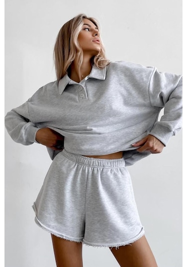 Madmext Gri Polo Yaka Kadın Şort Sweatshirt Takım Mg2375