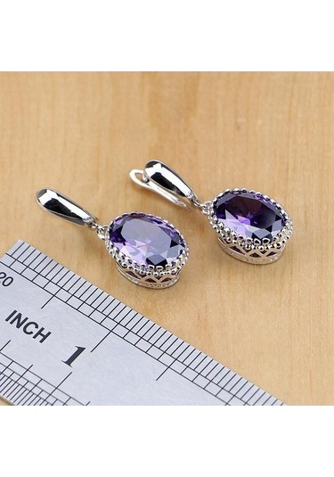 Novahub Gümüş Renk Beyaz Kristal Mor Kübik Zirkonya Takı Seti Kadınlar İçin 4 Adet, Gelin Takı Seti, Küpe, Kolye, Yüzük, 7 Halka Boyutu Mor