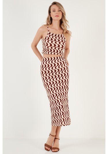 Lela Slim Fit Ip Askılı Yırtmaçlı Bayan Takım 5865278 Kahve-Beyaz