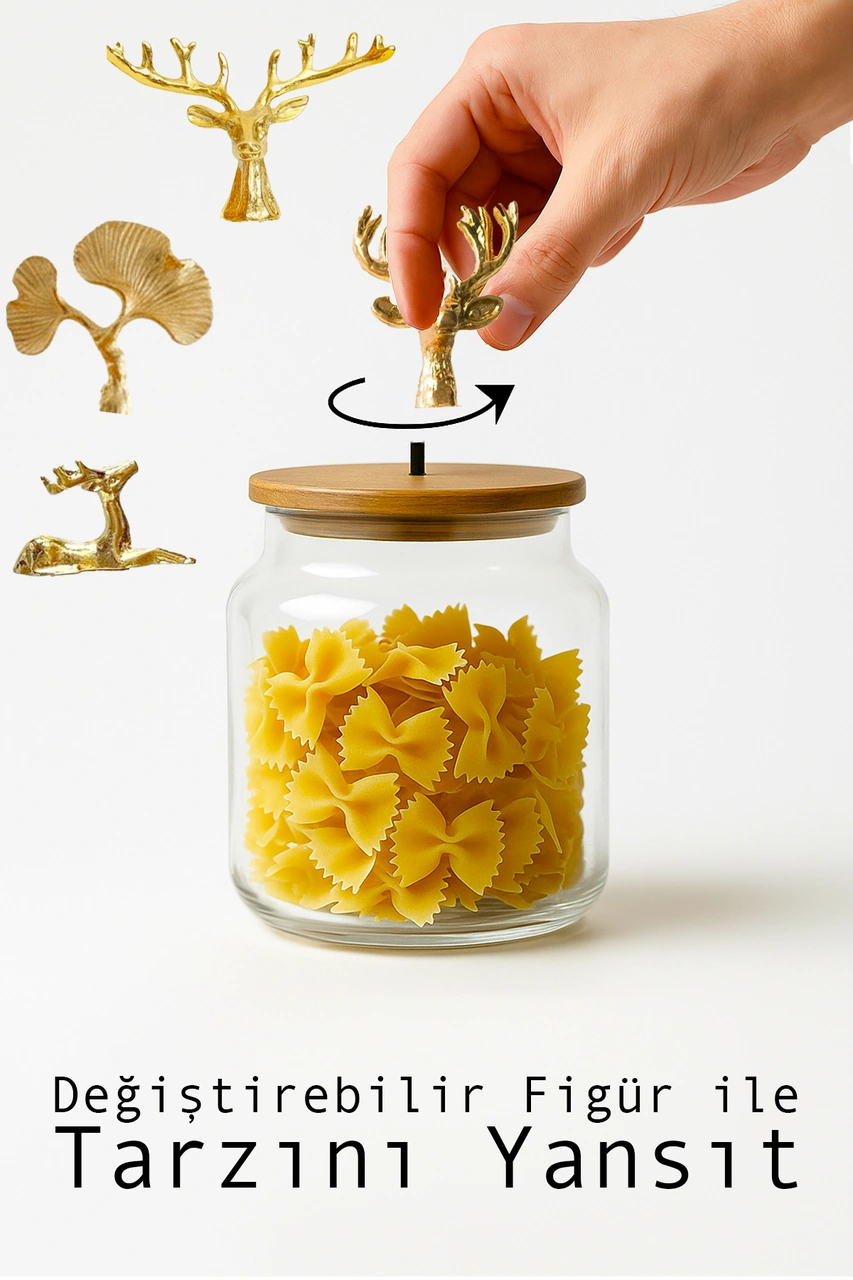 Altın Ginkgo Figürlü 3 Lü Cam Kavanoz Seti Bambu Kapaklı 635 Cc Saklama Kabı Şeffaf