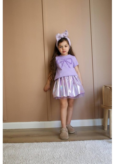 Kız Çocuk Lila Renk Partlak Kumaş Tütü Balon Etek Fiyonk Nakışlı T-shirt Pamuklu Altüst Takım Lila Mor Lila - Mor