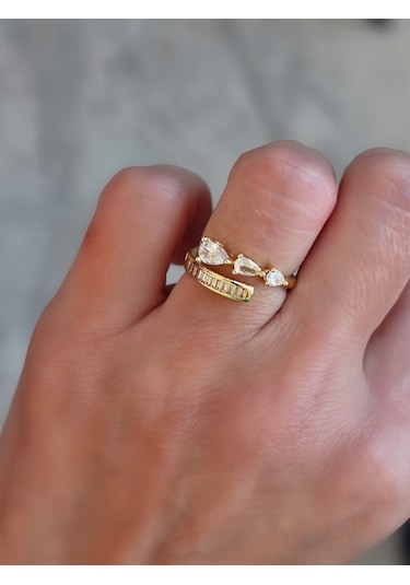 Ayarlanabilir Damla Model Zirkon Taşlı Gold Renk Çelik Yüzük Altın