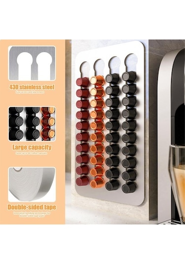 Metabagua Kahve Kapsül Tutucu, Paslanmaz Çelik Kahve Kapsül Tutucu Çift Taraflı Yapışkanlı 40 Kahve Kapsül Organizatör Tutar 1ısnu1 Gümüş