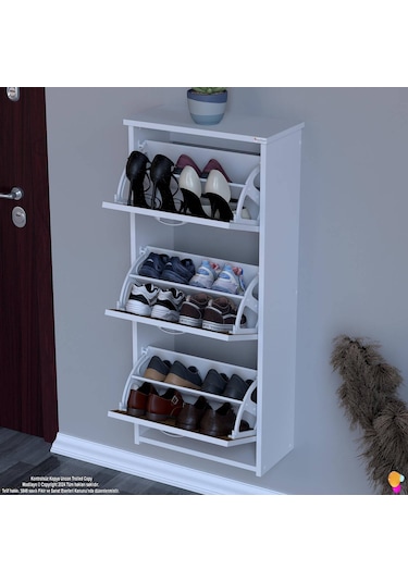 Modilayn West Asma Antre 52 X116x 26 Cm Lik 3 Düşer Kapak 6 Göz Bölmeli Ayakkabılık Ceviz - Beyaz
