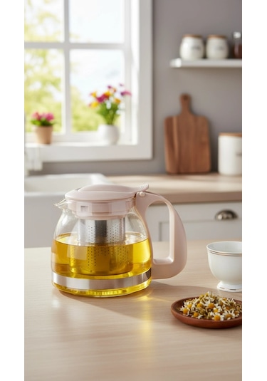 Renkli Süzgeçli Cam Demlik 700 Ml -bej Çok Renkli