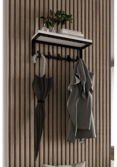 Aju Modern Portmanto Duvar Tipi Askılık Ve Raf Ceket Şemsiye Çanta Havlu Elbise Posta Hol Koridor Askısı Siyah
