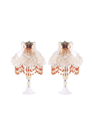 Kahverengi Çiçek Dekorlu Abajur Beyaz Klasik Model Vintage