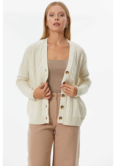 Düğmeli Saç Örgülü Triko Hırka  - Kemik