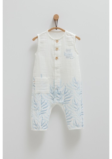 Erkek Bebek Müslin Tulum Ekru Dinazor Desenli-1289 Ekru