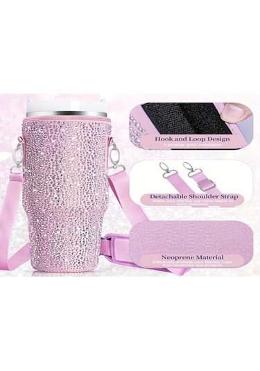 Fosenze Neopren Matara Kılıfı, El Ve Çapraz Çantasıyla, Taşlı Desenli, Araba Fincan Tutucusunda Sabitlenir, Spor Ve Outdoor Etkinlikler İçin, Pembe Pembe