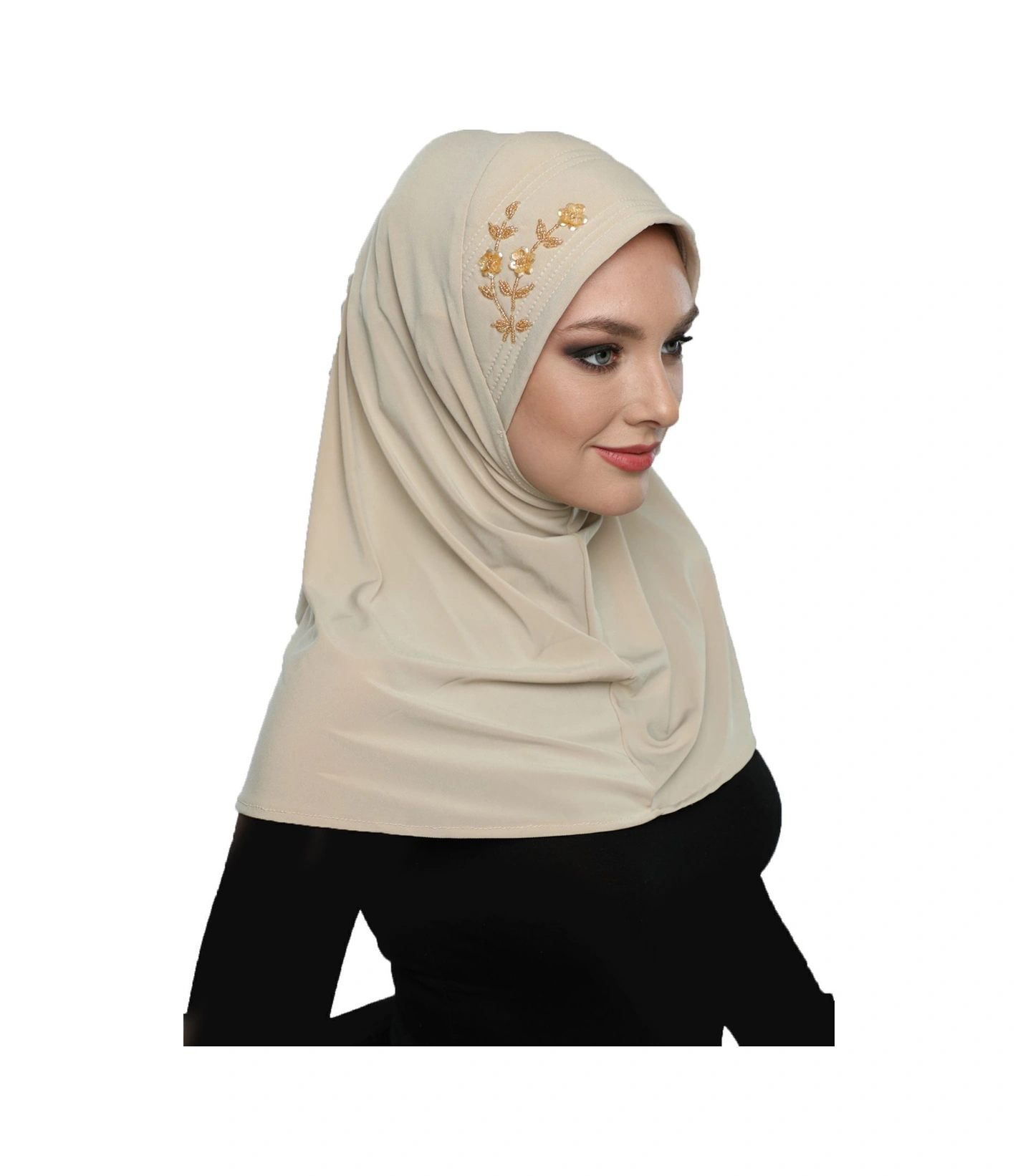 Takmatik Taşlı El Işi Boncuk Işlemeli Bej Hazır Türban Tesettür Bone Namaz Örtüsü Bej