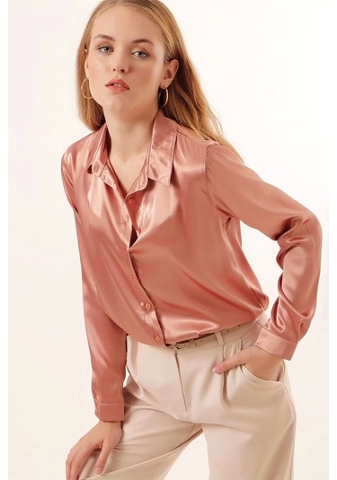 3964 Hafif Dökümlü Saten Gömlek - Camel CAMEL Camel