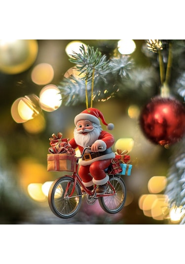 Geeksen Kahverengi Akrelik Noel Ağaç Dekorasyonu - Bisikletle Hediye Veren Noel Baba Figürü, Kolay Asma, Renk Tutarlı, Çok Amaçlı Kullanım