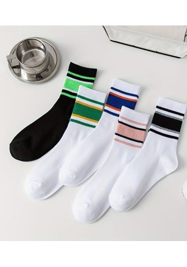 Trampler Pamuklu Çemberli Çizgili Kolej Tenis Unisex Çorap 5 Çift - Çok Renkli