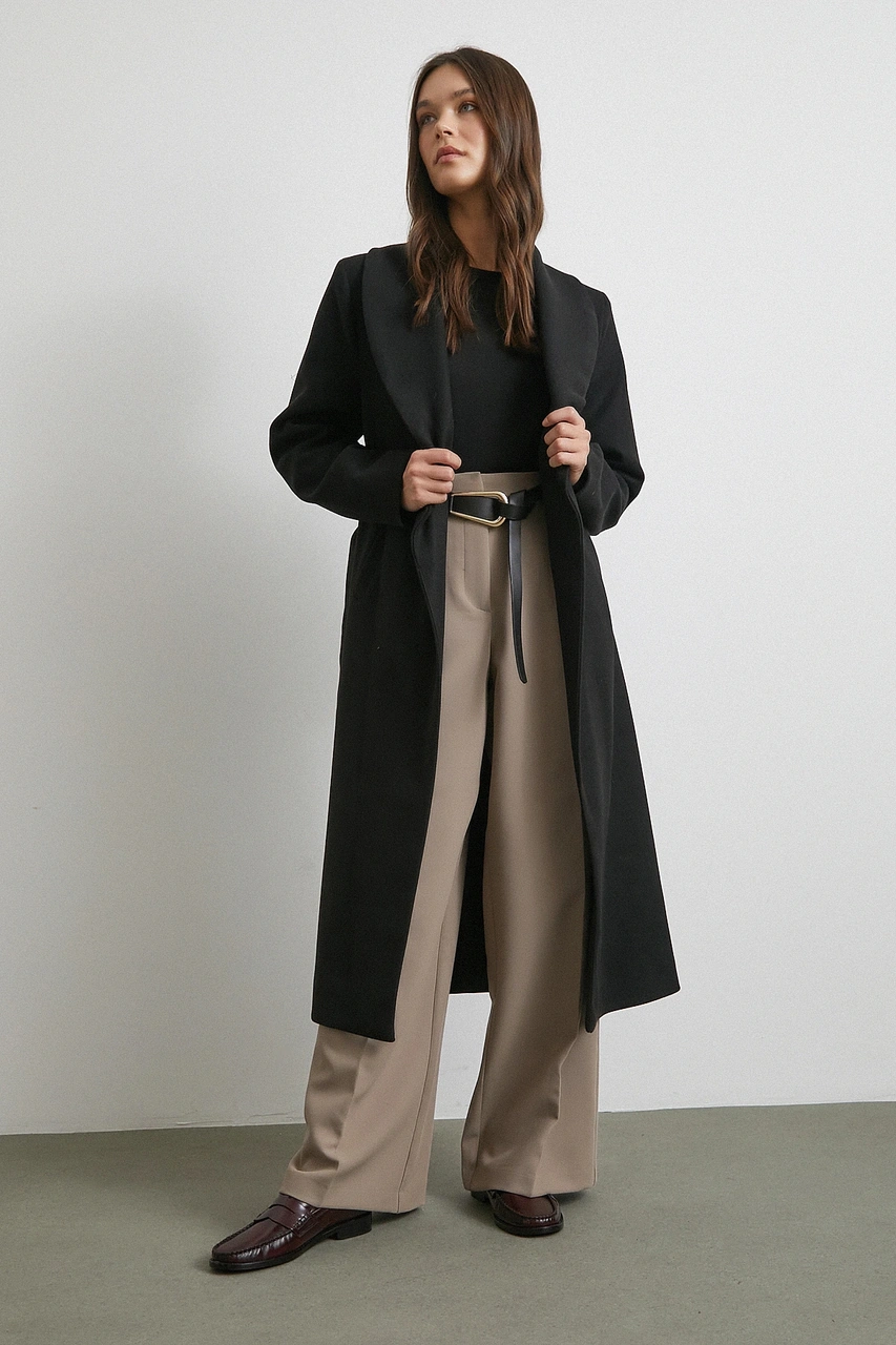 Kuşaklı Kaşe Kaban Siyah Siyah