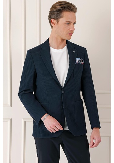 Comfort Fit Torba Cep Şeritli Dokuma Pamuk Casual Lacivert Ceket C 670 Lacivert