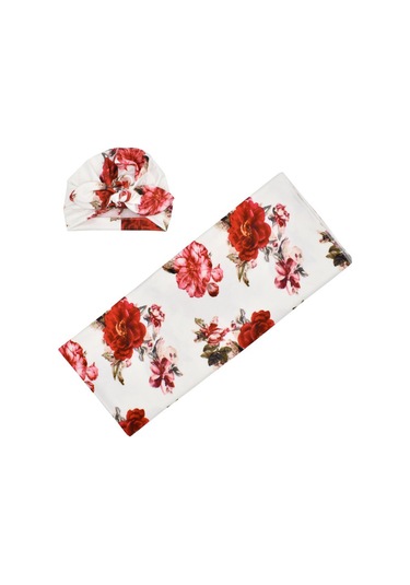 Neevoyu Yeni Doğan Bebe Örtüsü Ve Şapkalı Sarıma Bezi - Poliester Elbise - 80x80 Cm - Beyaz Üzeri Gül Desenli Çok Renkli