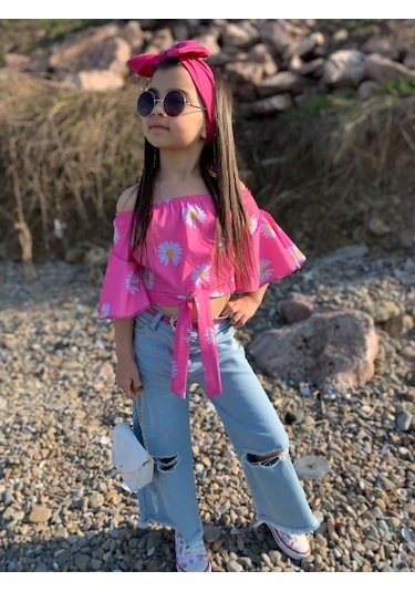 Modavals İspanyol Paça Yırtık Detaylı 4 Parça Kız Çocuk Kotlu Takım Çok Renkli