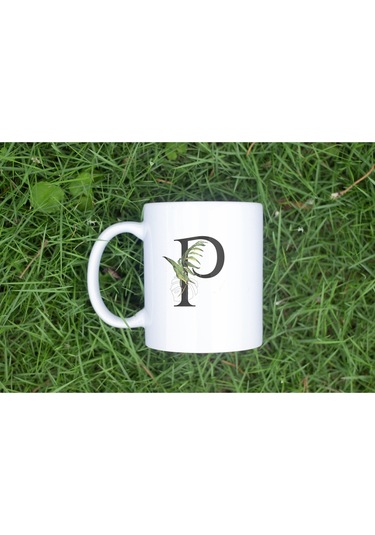 P Harf Zarif Yaprak Desenli Kupa Bardak - Naturel Sade Alfabe Harfli Bardak - Kişiye Özel Hediye Beyaz