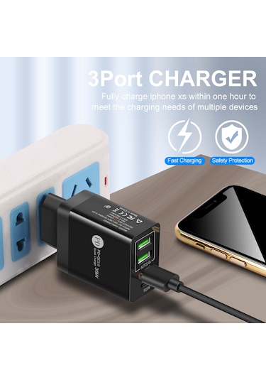 Xiyyadms 36w Hızlı Şarj Cihazı, 3 Usb Qc3.0+pd Portlu, Mini Taşınabilir, Siyah Küçük Avrupa Standartı Telefon Şarj Aleti